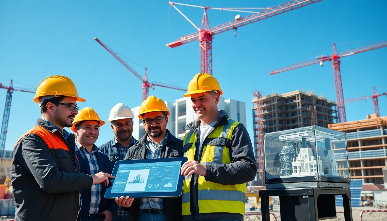 diverse team discussing construction technology on a modern site.