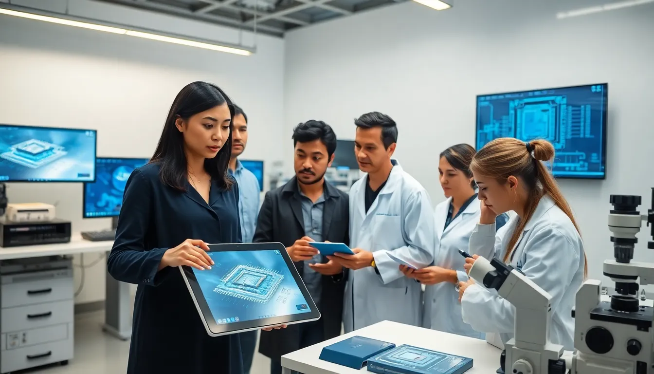diverse team discussing advancements in microchip technology in a high-tech lab.