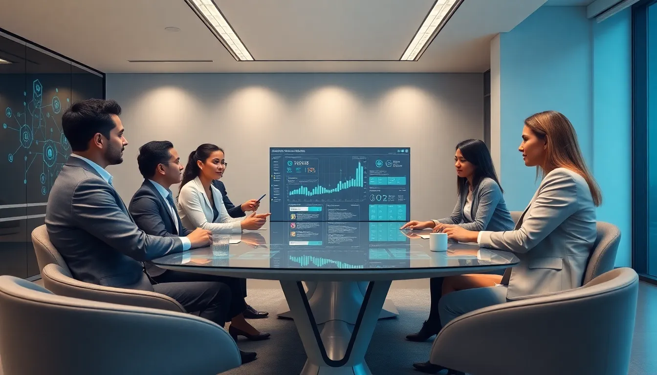 diverse financial team discussing wealth management technology innovations.