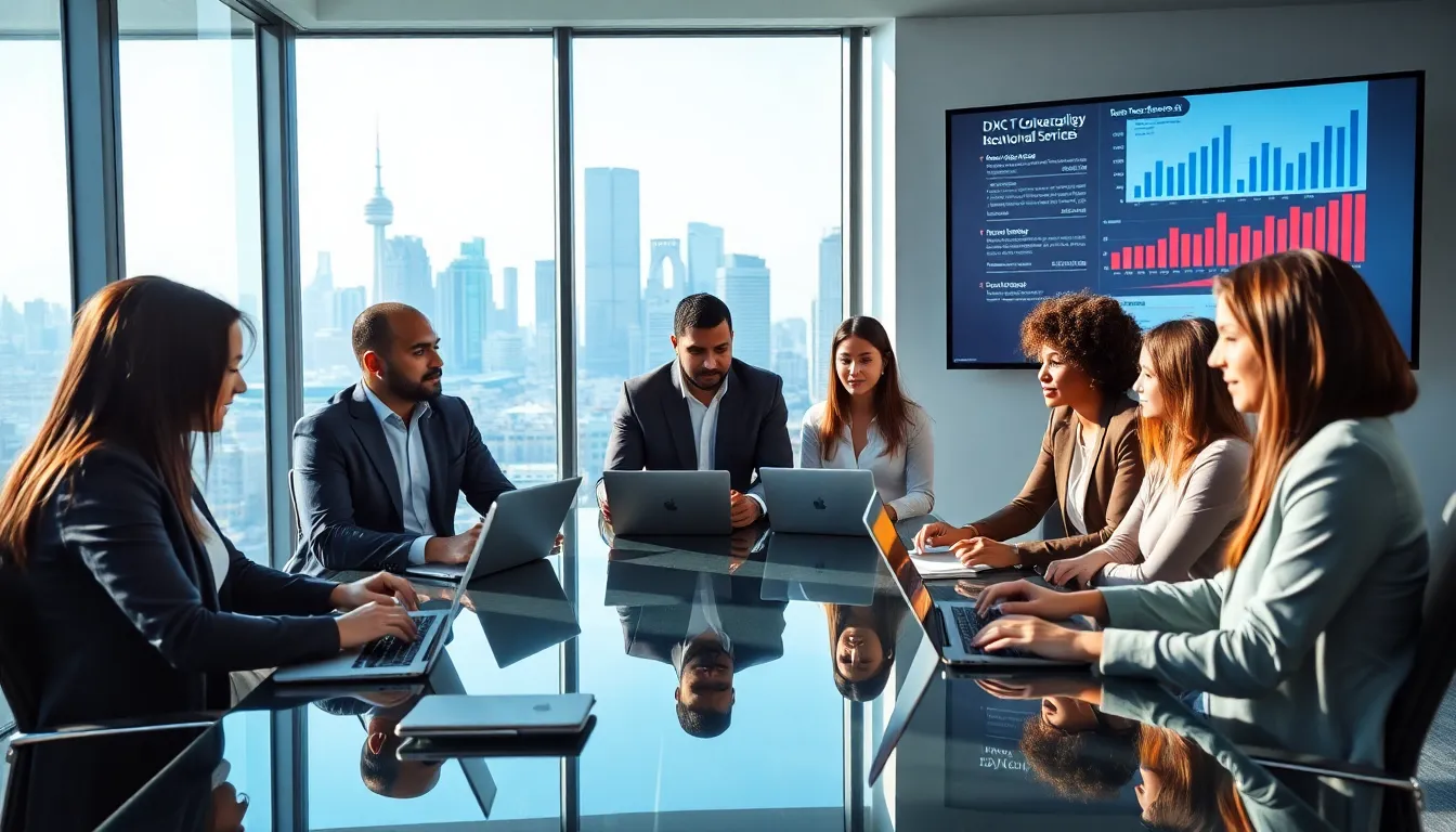 diverse team discussing DXC Technology's recent developments in a modern office.